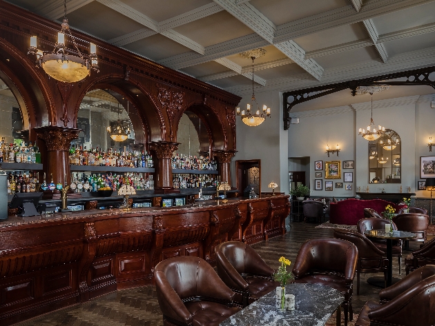historic bar with dark wood panellings 
