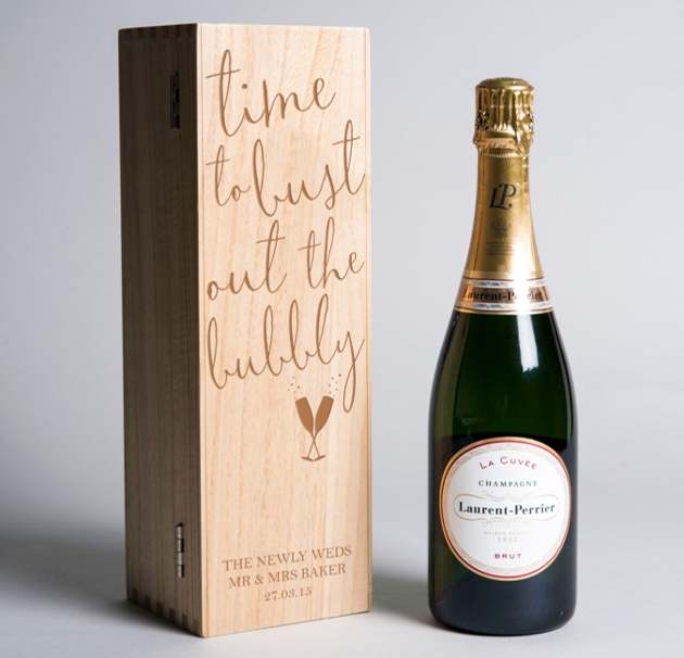 bottle of fizz with personalised wooden box