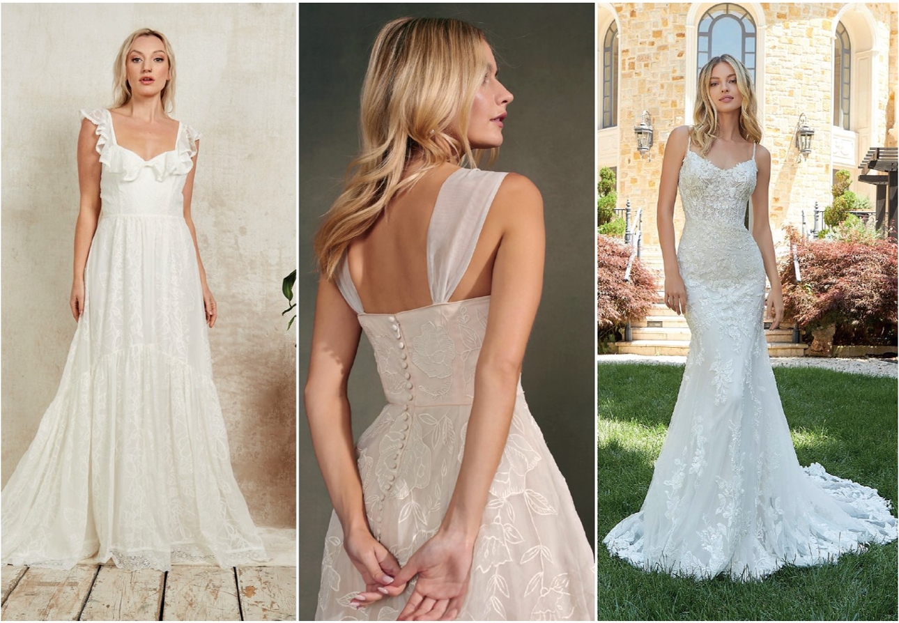 collage of three image of models in wedding dresses