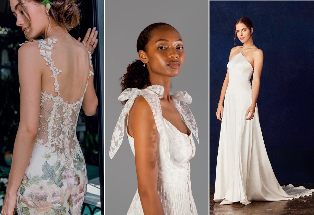 three models in wedding dresses from three different designers