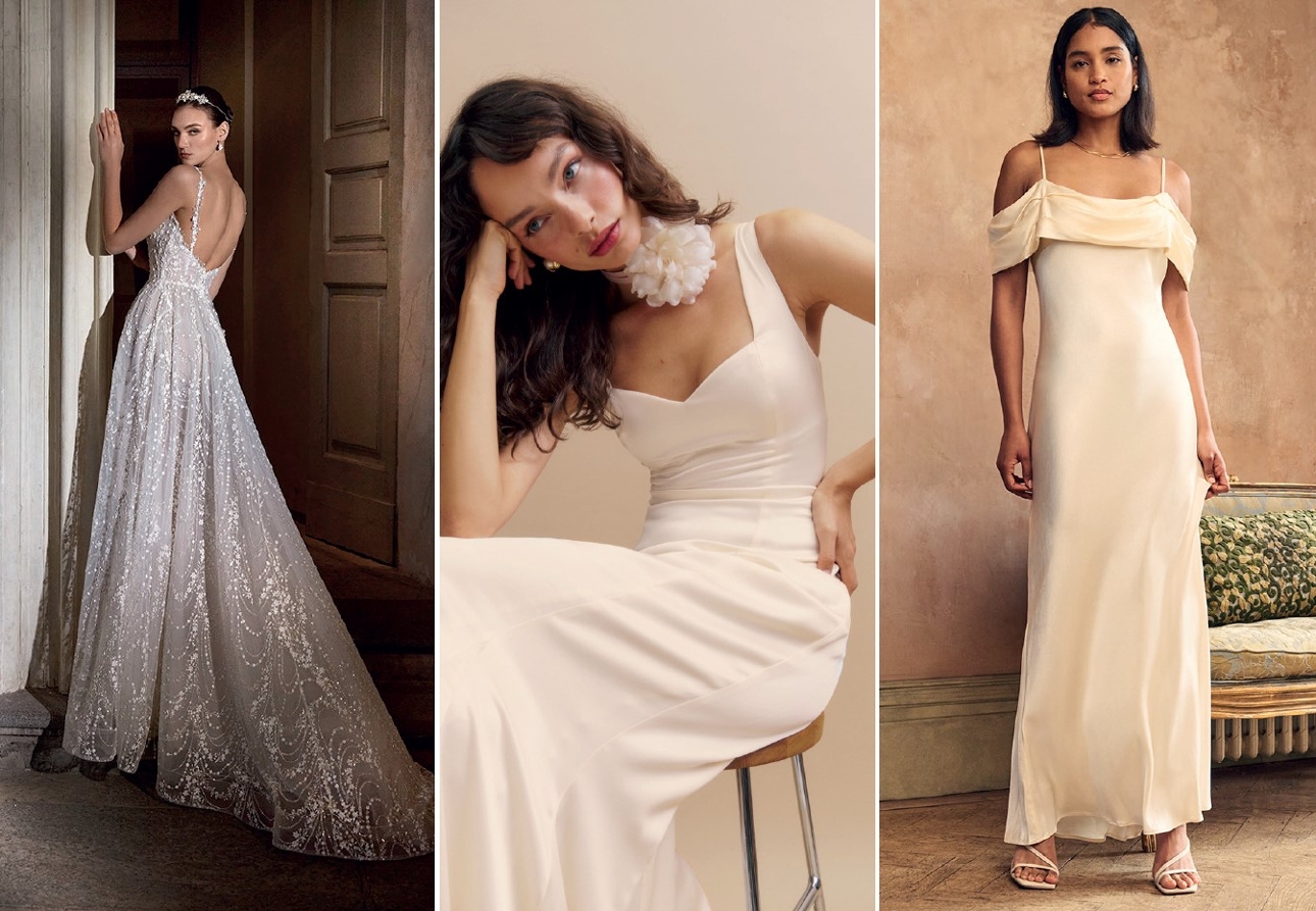 three wedding dresses worn by models all with different types of strap