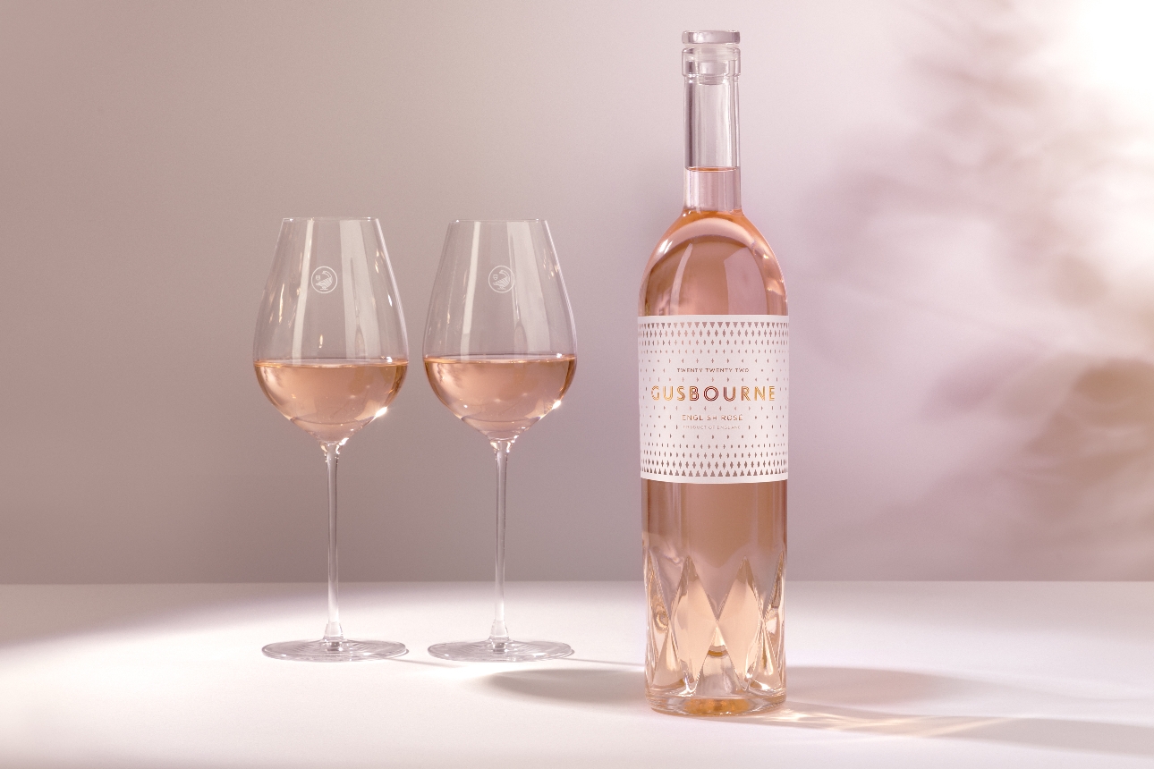 Gusbourne English Rosé 2023 with two glasses filled with it