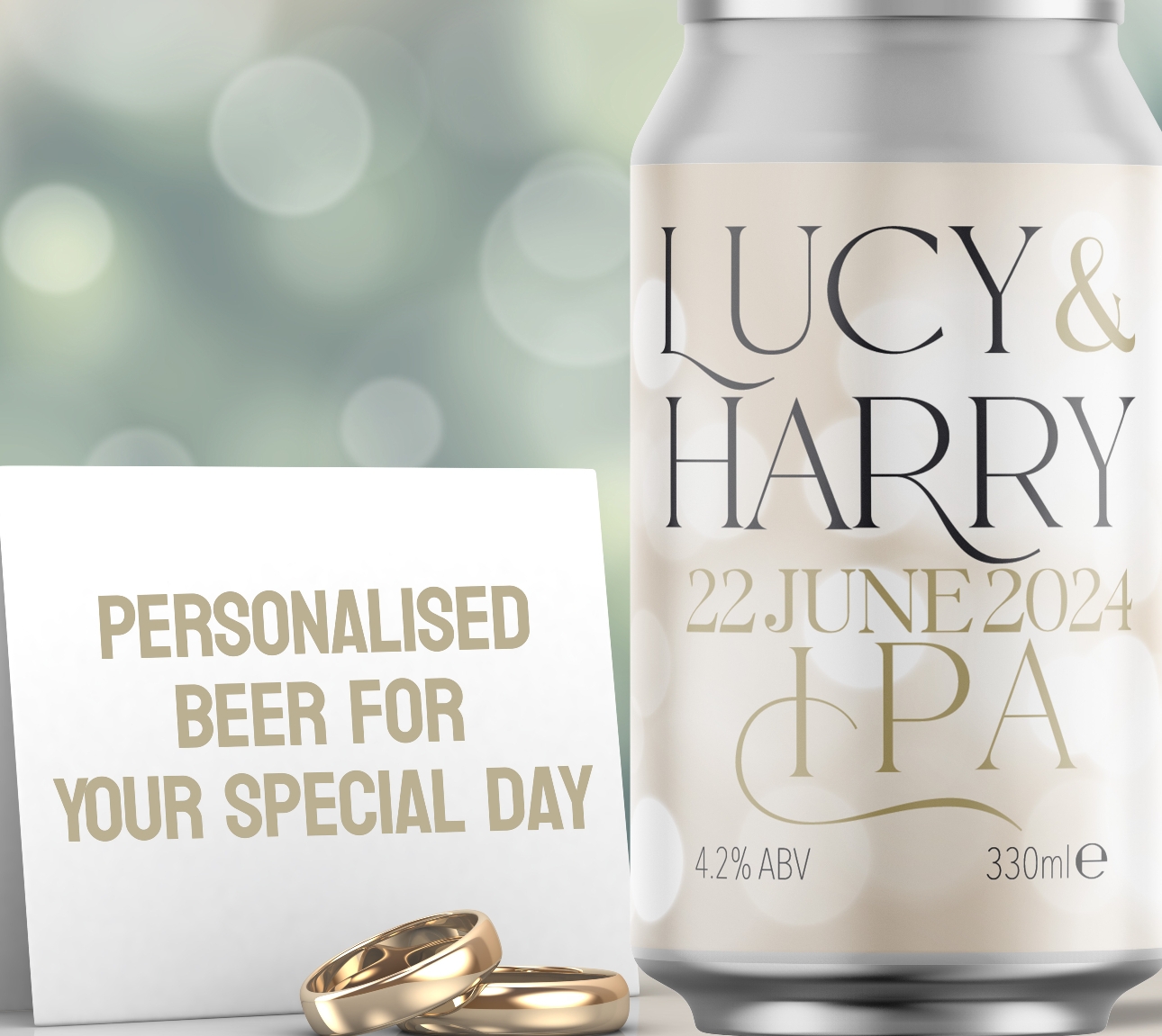 personalised beer can alongside wedding rings