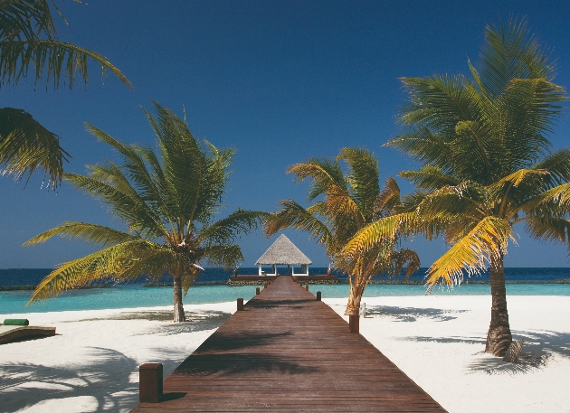 boardwalk leading up to the resort in the Maldives