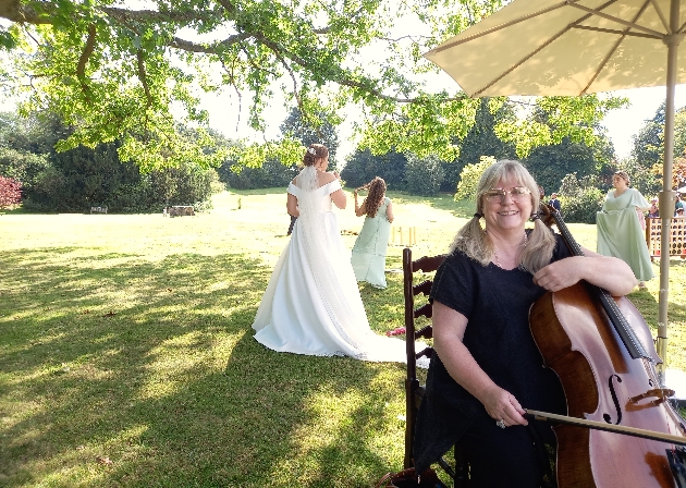 cellist at an outdoor wedding reception